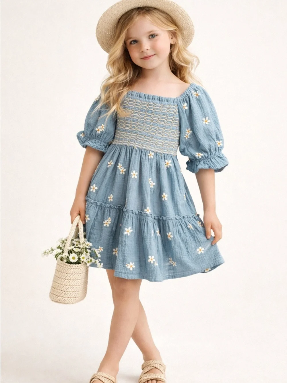 Rare Editions Girls Daisy Embroidered Smocked Tiered Dress Blue Size 7 NWT